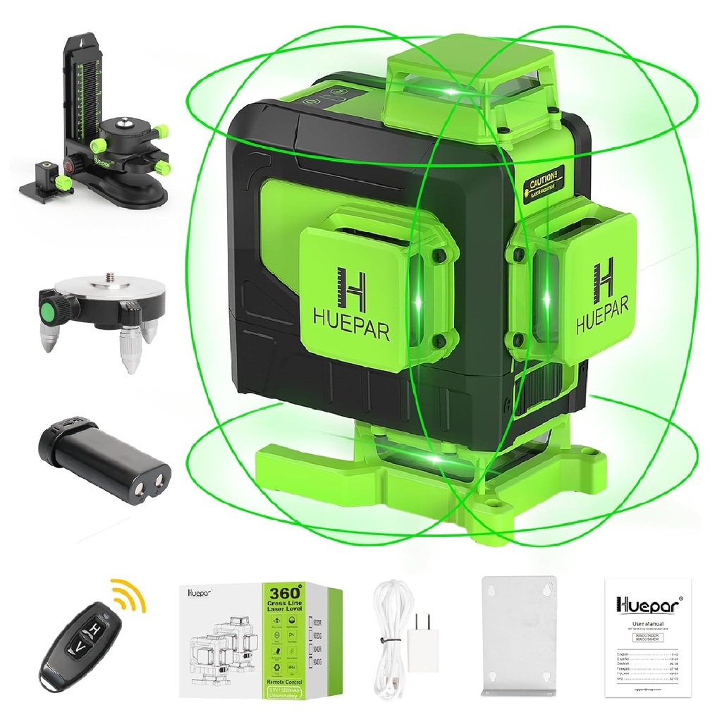 LASER AUTONIVELADOR 4 X 360° 4D LUZ VERDE C/BASE BATERIA RECARGABLE USB REF. 904DG / X002Y5TV4L MARCA HUEPAR
