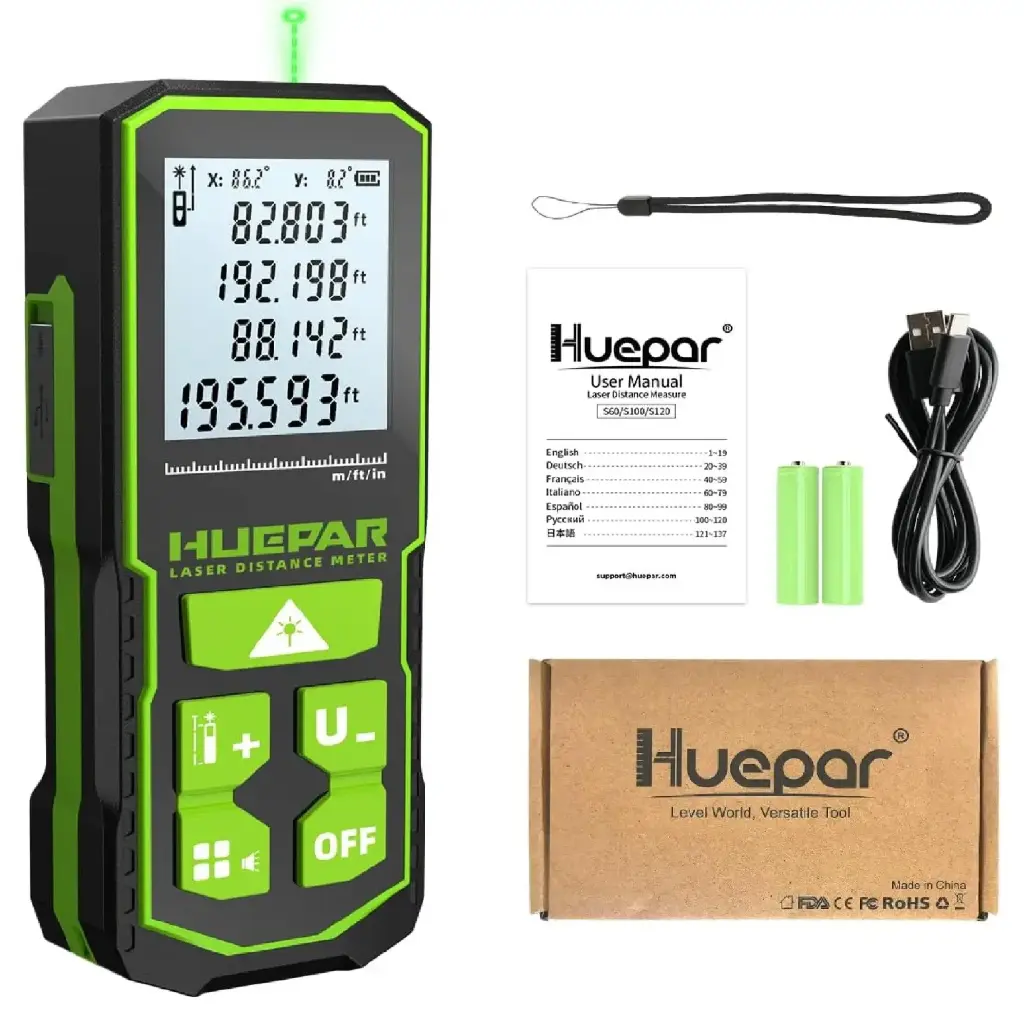 MEDIDOR / METRO LASER 196 FT / 60 MTS LUZ VERDE IP54 RECARGABLE USB REF. S60-G / X0048TYT7P HUEPAR