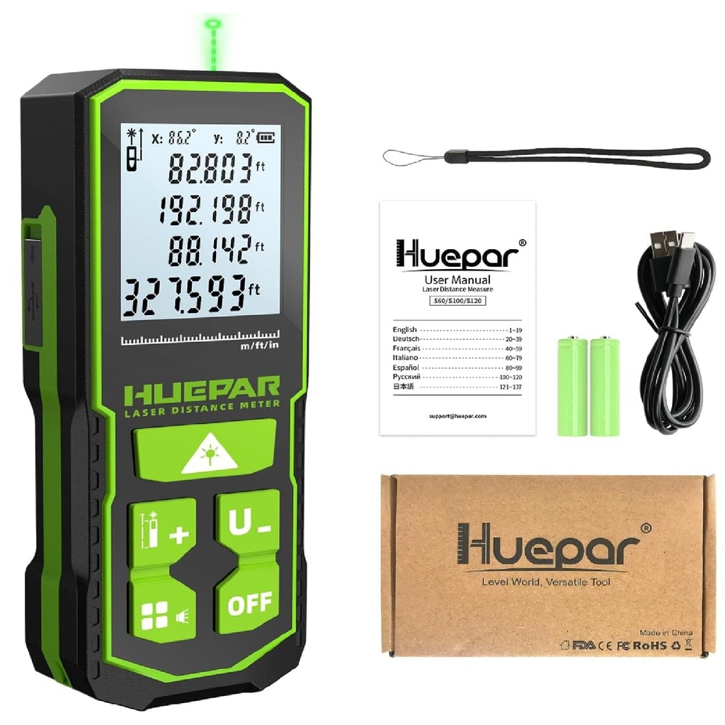 MEDIDOR / METRO LASER 330 LUZ VERDE FT / 100 MTS IP54 RECARGABLE USB REF. S100-G / X0042HXMY9 HUEPAR