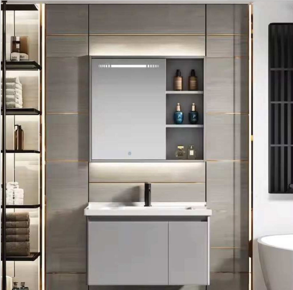 MUEBLE P/ BAÑO EN ALUMINIO 60X48 CM C/ ESPEJO LED 55X65 CM C/ GRIS REF REV-016 / A3101-60 VONANMAX