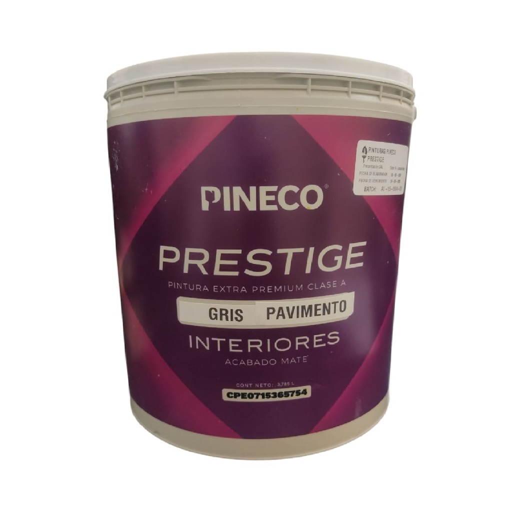 PINTURA DE CAUCHO MATE PRESTIGE INT. CLASE AAA 1 GL COLOR GRIS PAVIMENTO / GRIS CEMENTO REF PRS5301A1G MARCA PINECO