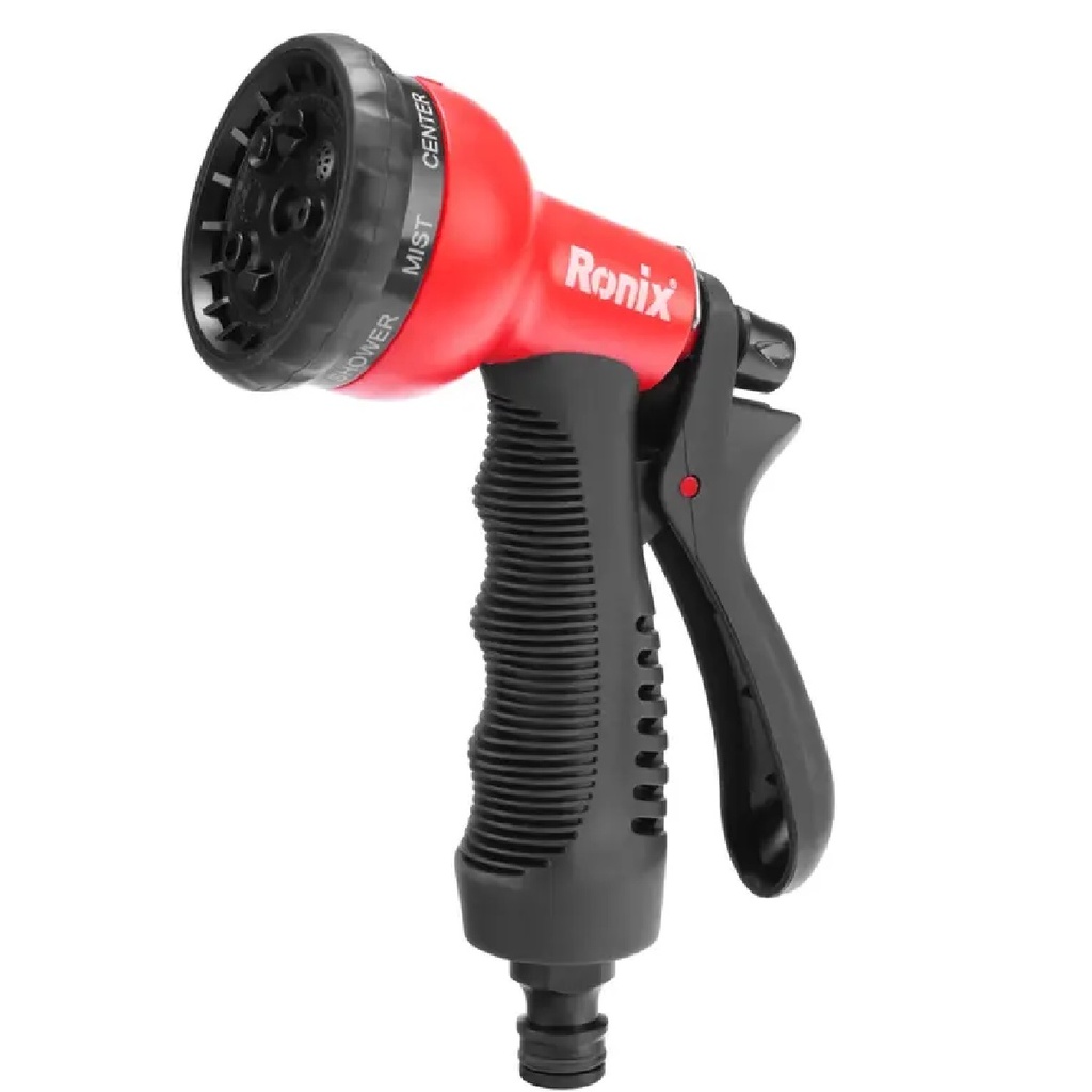 PISTOLA DE RIEGO PLASTICO PARA MANGUERA DE 8 POSICIONES + 3 ADAPTADORES REF. RH-4018 MARCA RONIX