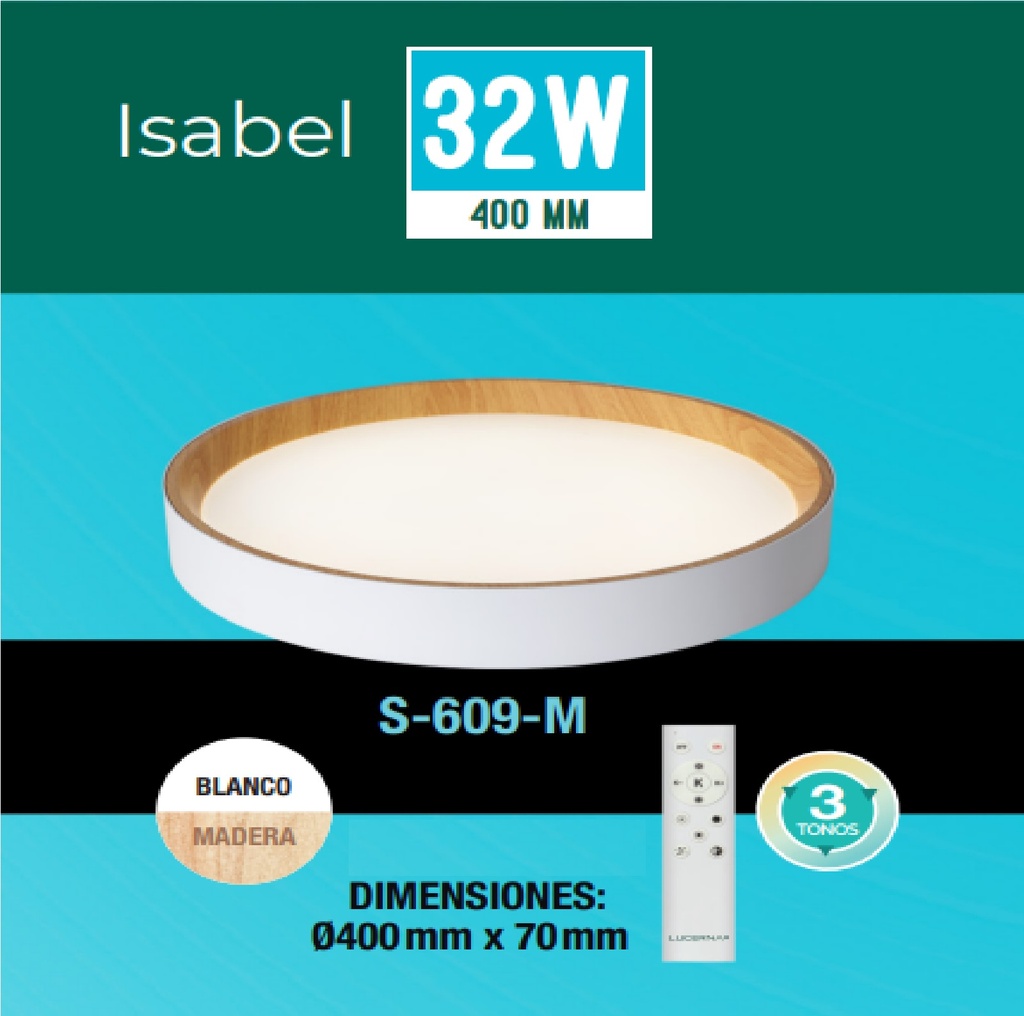 PLAFON DECORATIVO LED REDONDA 32 W 40 CM 3 TONOS 3CCT BLANCO- MADERA C/ CONTROL REF. S-605M LUCERNA