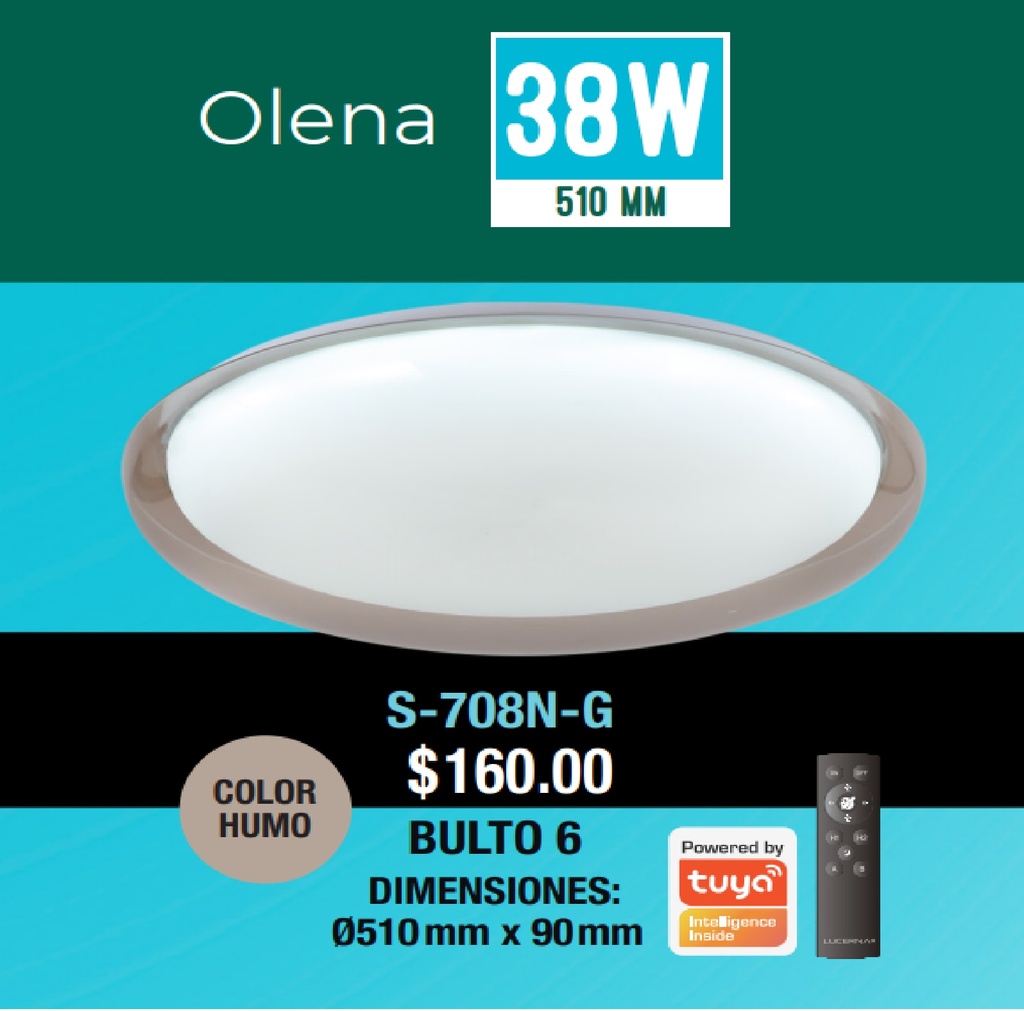 PLAFON DECORATIVO LED REDONDA 38 W 51 CM 3 TONOS 3CCT C/ HUMO C/ CONTROL REF S-708N LUCERNA