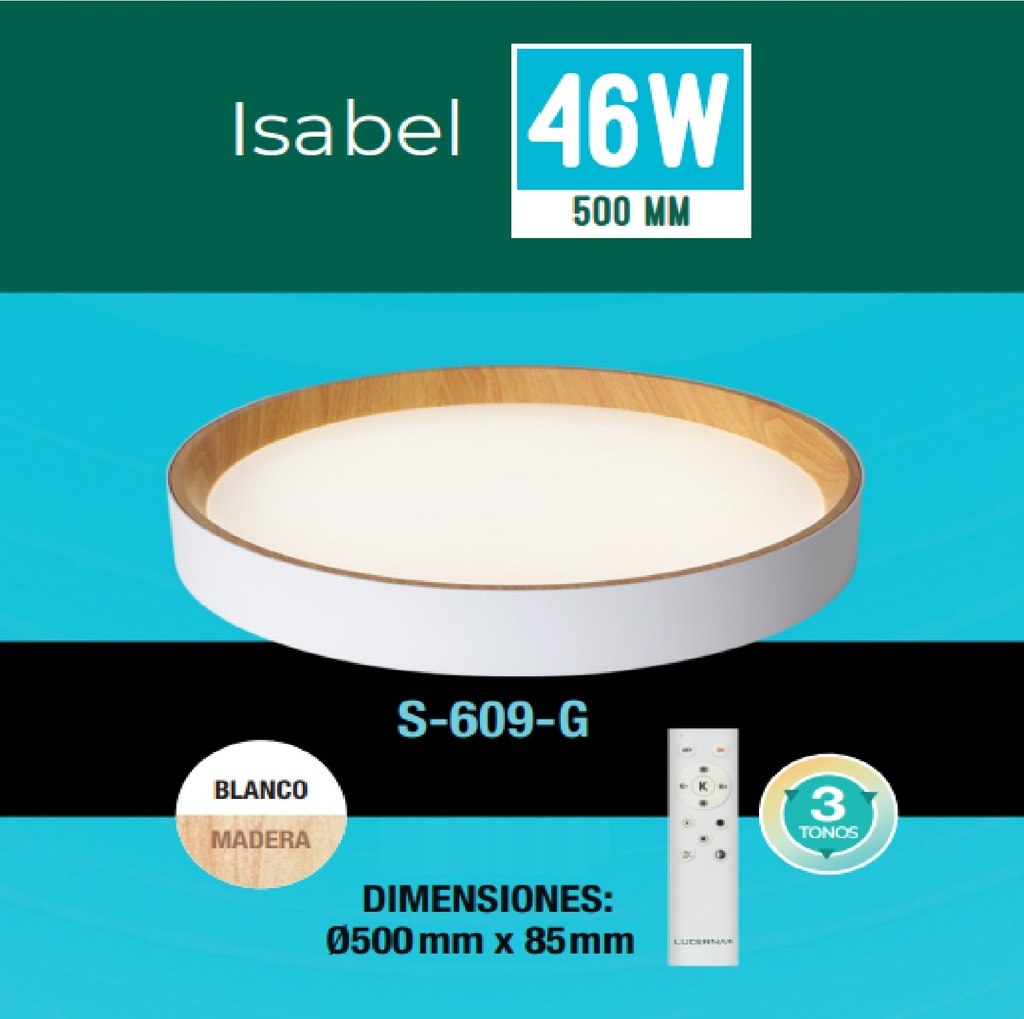 PLAFON DECORATIVO LED REDONDA 46 W 50 CM 3 TONOS 3CCT BLANCO- MADERA C/ CONTROL REF. S-609G LUCERNA