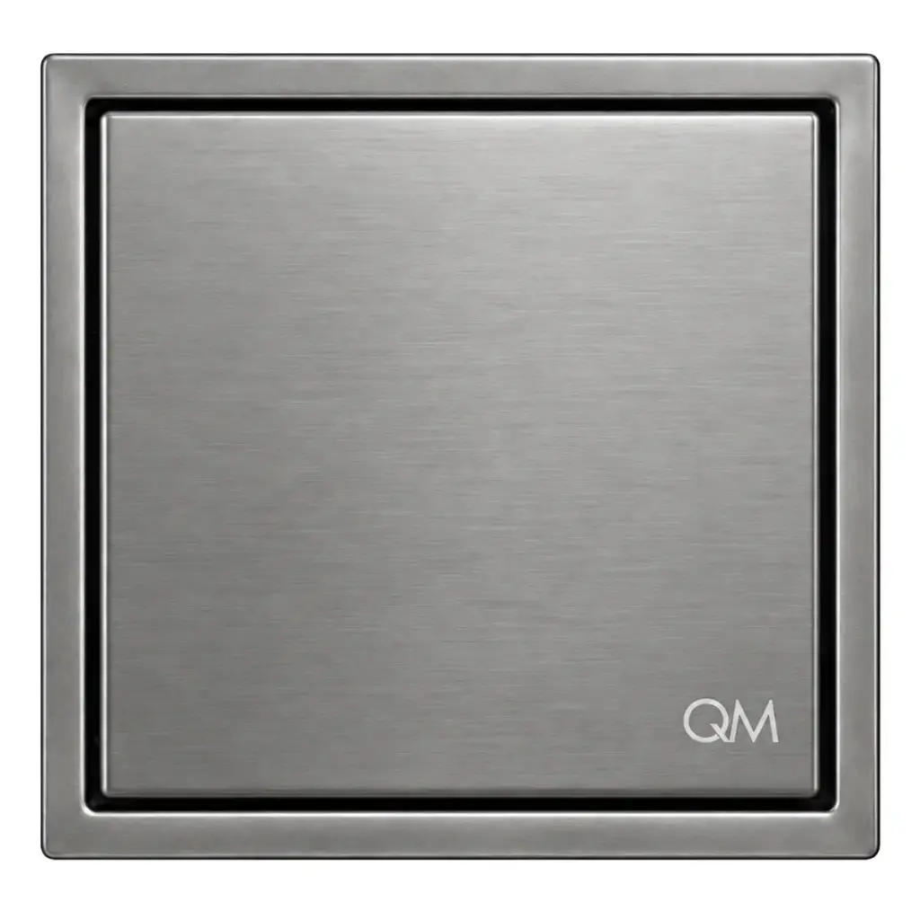 REJILLA CUADRADA / DESAGUE CENTRAL CIEGA 4" X 4" P/TUBO 2" SERIE LAGOS GUN GREY REF. 14.100.2015.GR MARCA QUALITY METAL