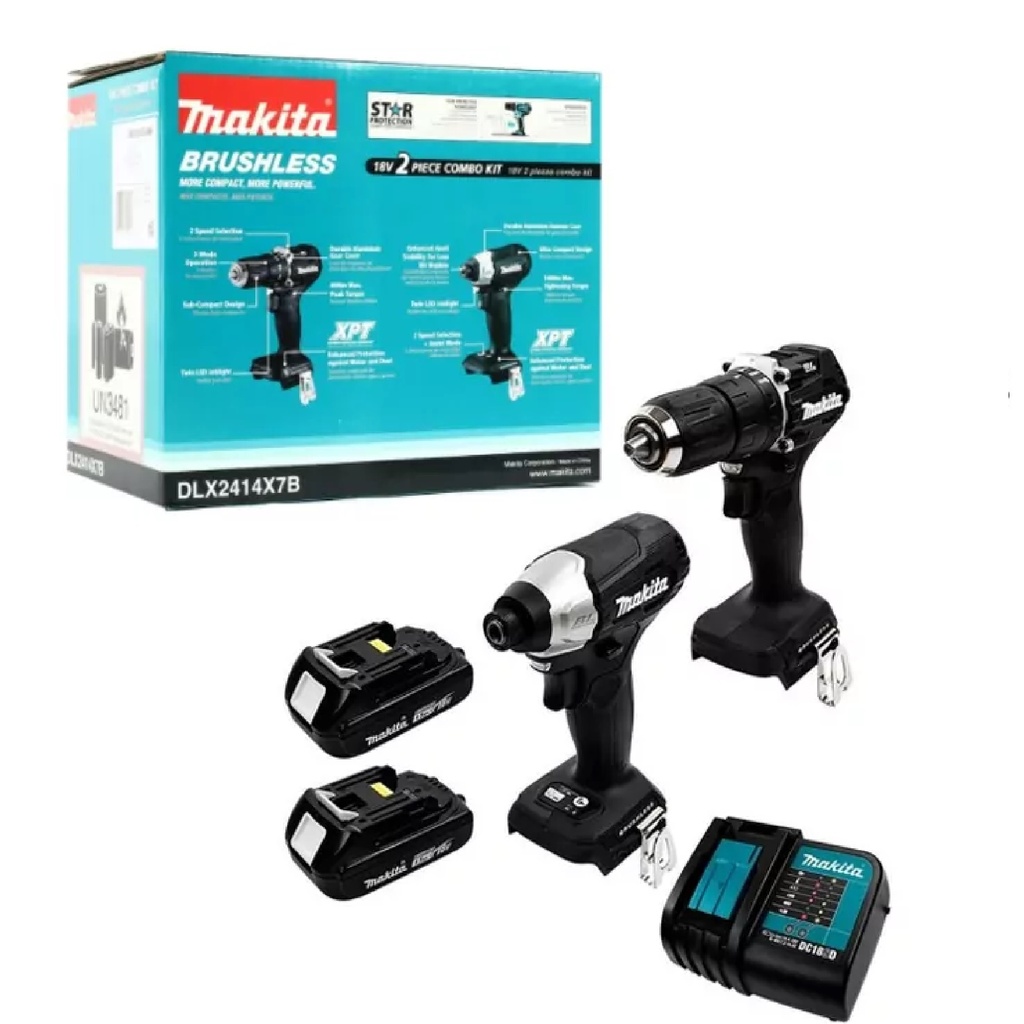 TALADRO + ATORNILLADOR INALAM. 18V BRUSHLESS C/ 2 BAT.+CARG. REF. DLX2414YX7 / 747585 MARCA MAKITA
