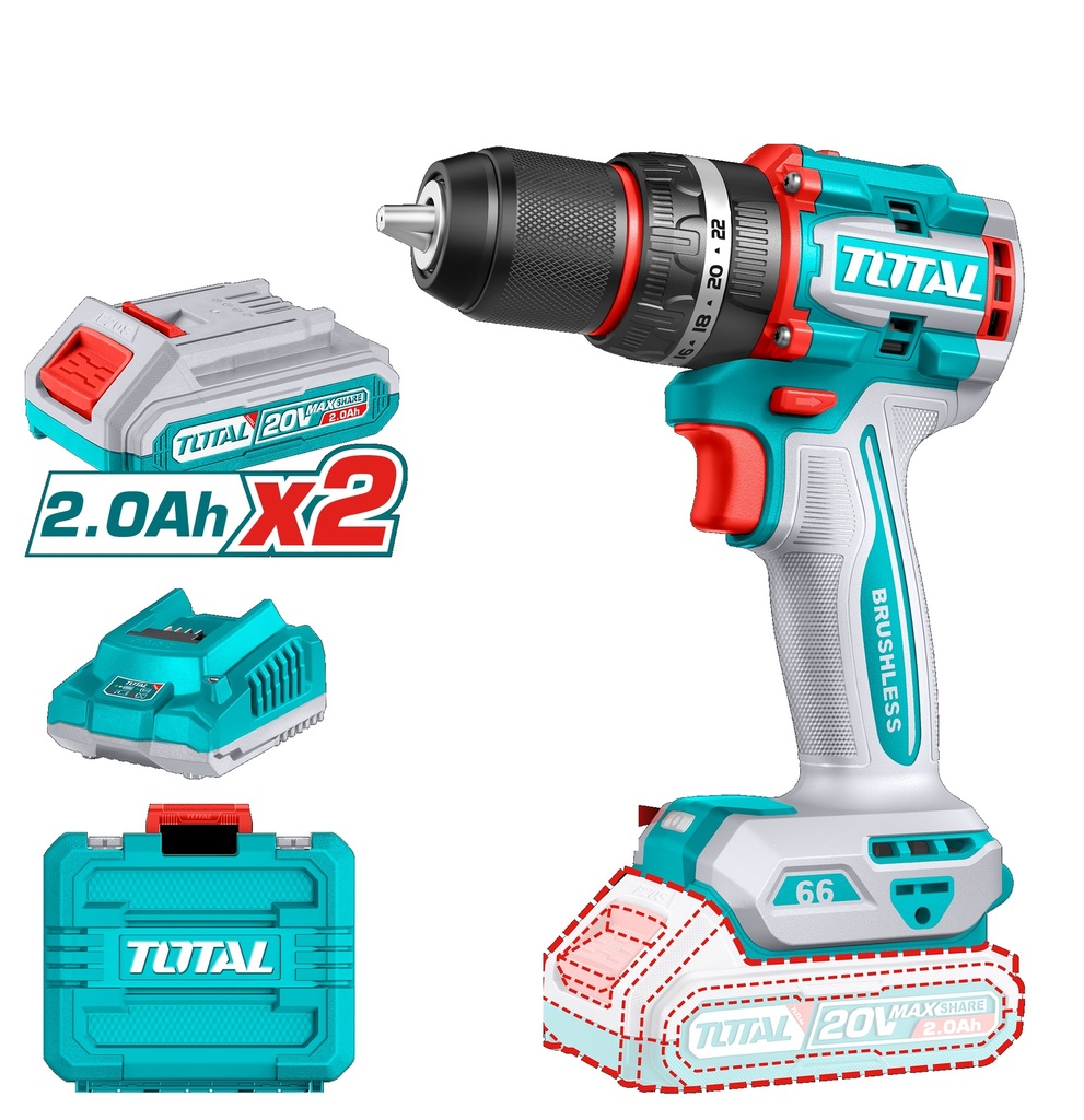 TALADRO INALAMBRICO COMPACTO 1/2" 20 V 66 Nm 2000 RPM LUZ LED C/MALET (1CAR+2BAT) REF. UTIDLI20668 TOTAL TOOLS