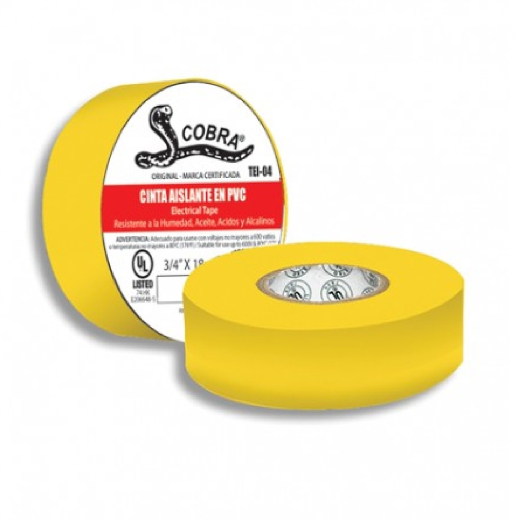 TAPE O CINTA ELECTRICA DE VINIL COLOR AMARILLO 3/4" X 18 MTS COBRA REF.TEI-04 MARCA FERMETAL