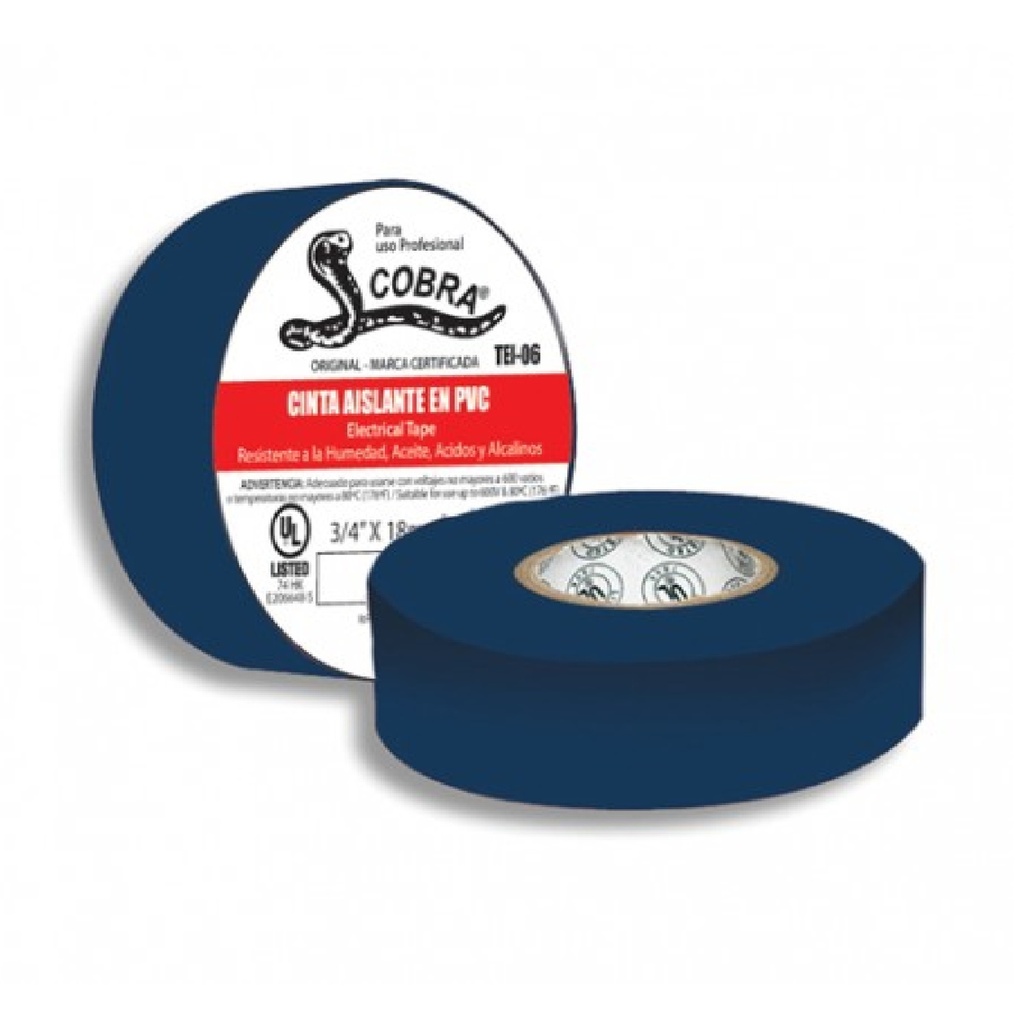TAPE O CINTA ELECTRICA DE VINIL COLOR AZUL 3/4" X 18 MTS COBRA REF. TEI-06 MARCA FERMETAL