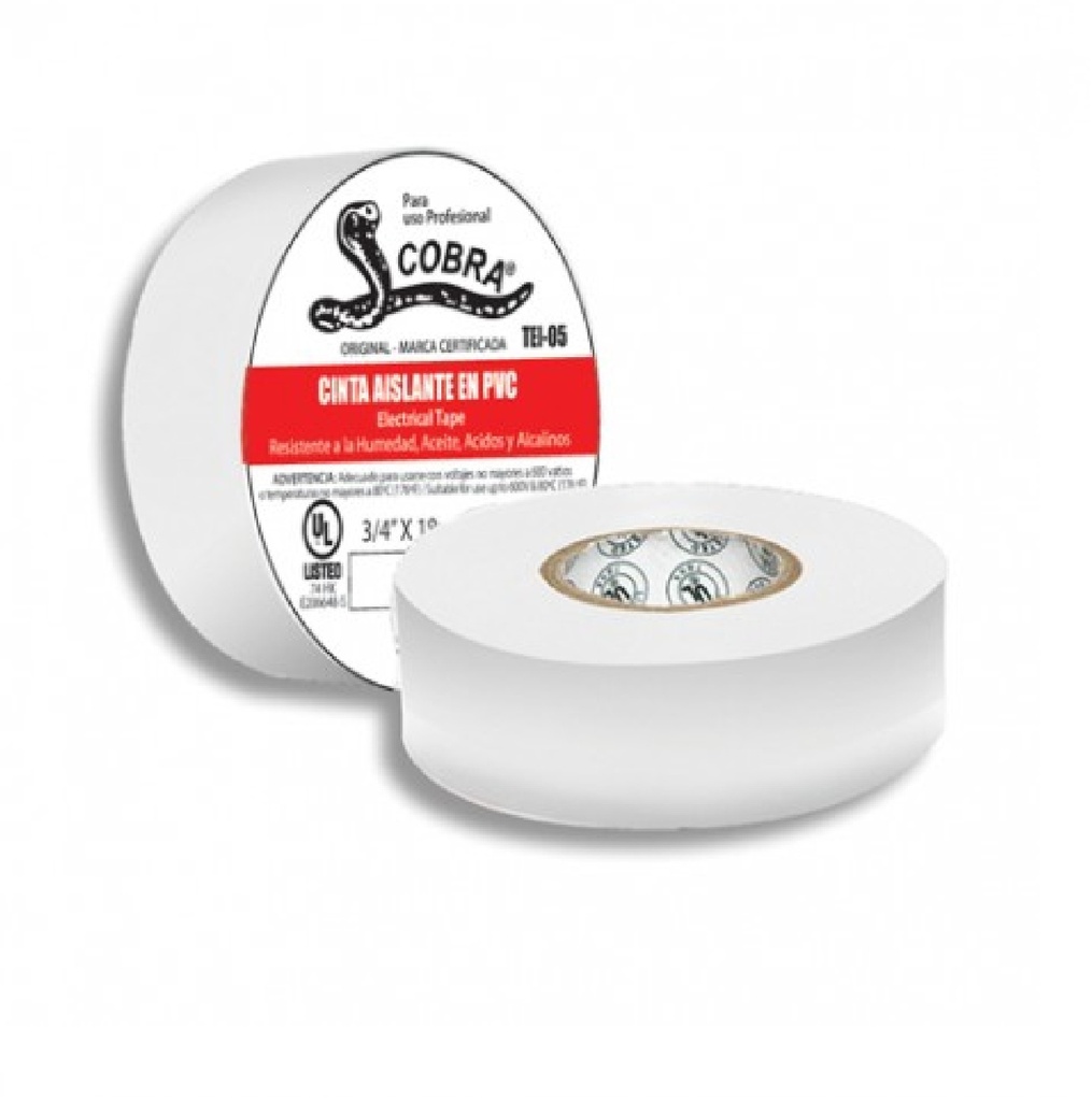 TAPE O CINTA ELECTRICA DE VINIL COLOR BLANCO 3/4" X 18 MTS COBRA REF. TEI-05 MARCA FERMETAL