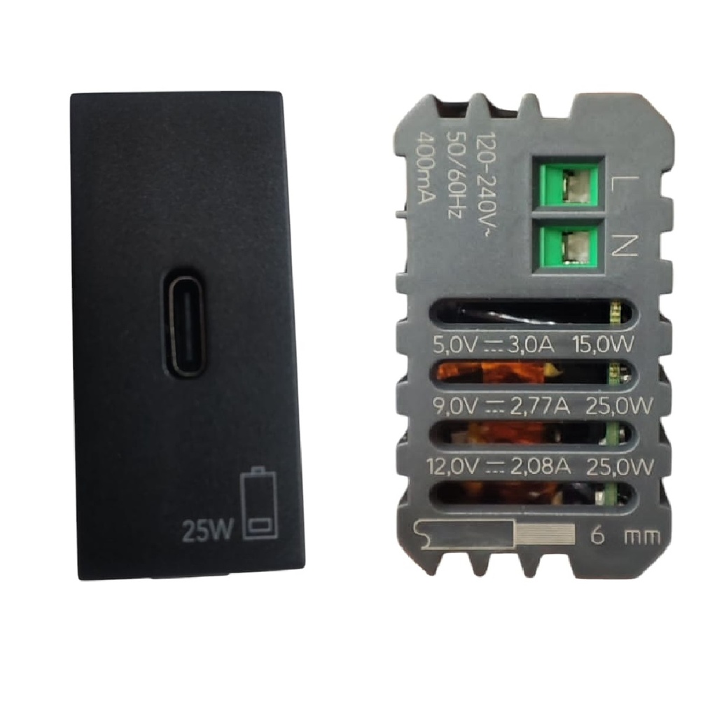 TOMA USB C ALIMENTACION PD 12 V 25W CARBON MATT SERIE NEVE REF. 09292.C.25.CM MARCA VIMAR