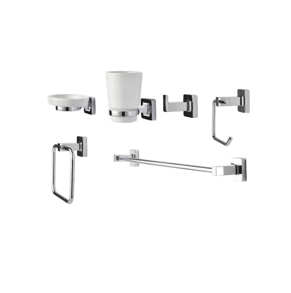 ACCESORIOS DE BAÑO 6 PZAS ( ACABADO CROMADO ) CUADRADO SERIE LAGO REF. M2161 MARCA MHILER