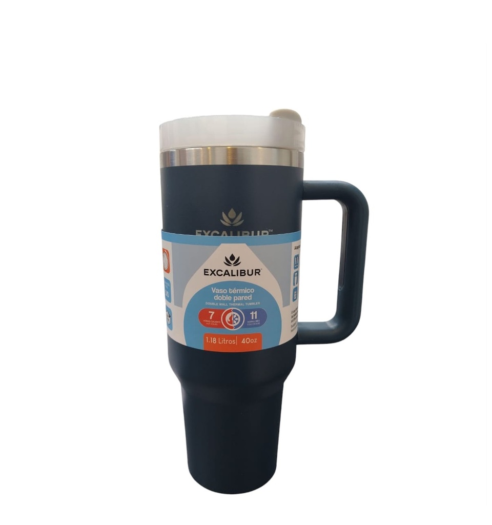 VASO TERMICO DOBLE PARED CON ASA Y PITILLO 1.18 LTS / 40 OZ COLOR AZUL OSCURO REF. 002975 EXCALIBUR