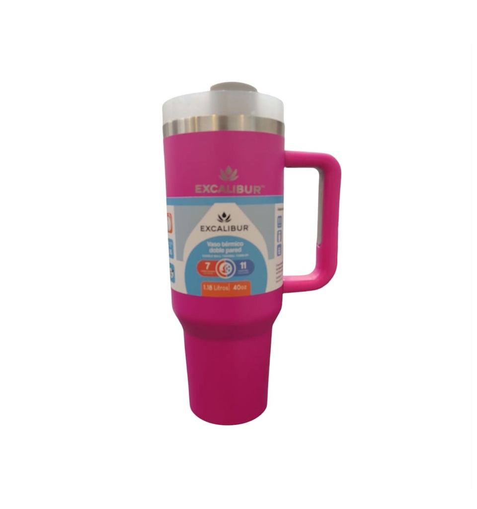 VASO TERMICO DOBLE PARED CON ASA Y PITILLO 1.18 LTS / 40 OZ COLOR FUCSIA REF. 002975 MARCA EXCALIBUR