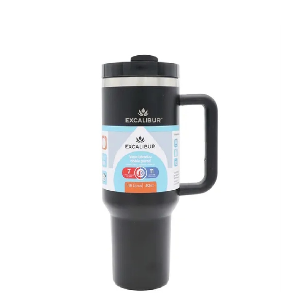 VASO TERMICO DOBLE PARED CON ASA Y PITILLO 1.18 LTS / 40 OZ COLOR NEGRO REF. 002975 MARCA EXCALIBUR