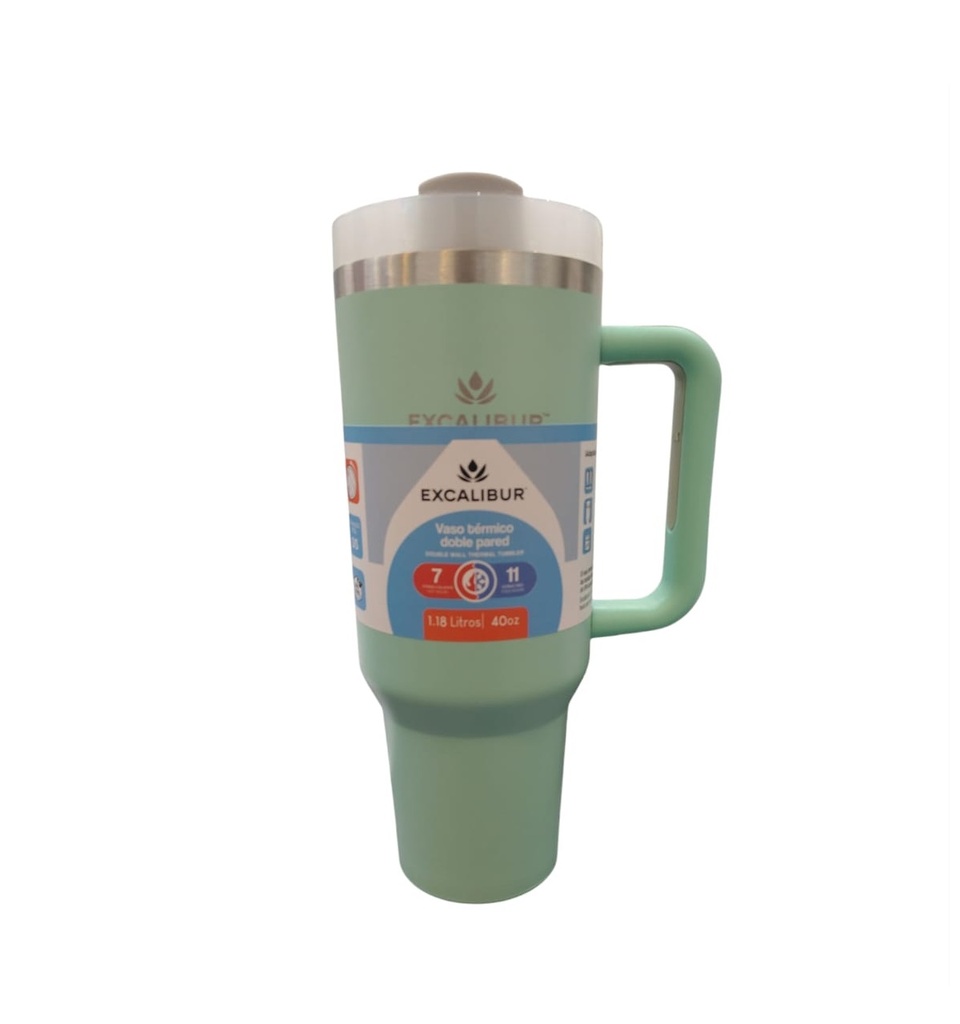 VASO TERMICO DOBLE PARED CON ASA Y PITILLO 1.18 LTS / 40 OZ COLOR VERDE REF. 002975 MARCA EXCALIBUR