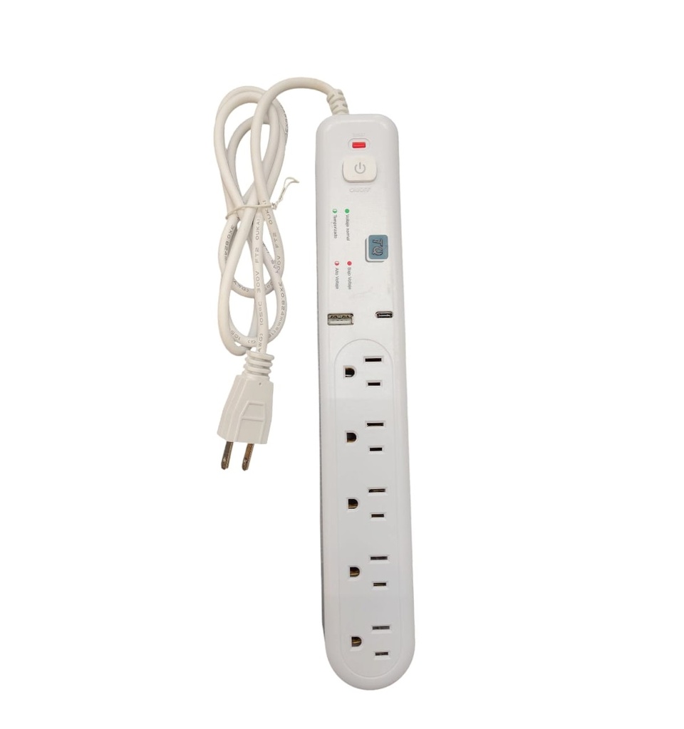 REGLETA 5 TOMAS + USB + USB - C C/SUP PICOS 120 V CAB. 1MT REF. TQ-PGE120U-1 / MARCA TOTAL QUALITY