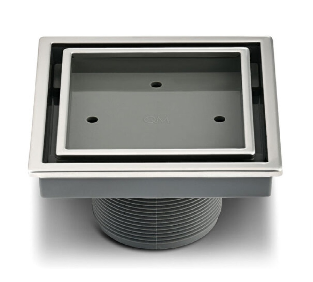 REJILLA CUADRADA / DESAGUE CENTRAL SERIE VEIL 4" X 4" (INSERTO BALDOSA) SATIN SALIDA 2" MARCA QUALITY METAL