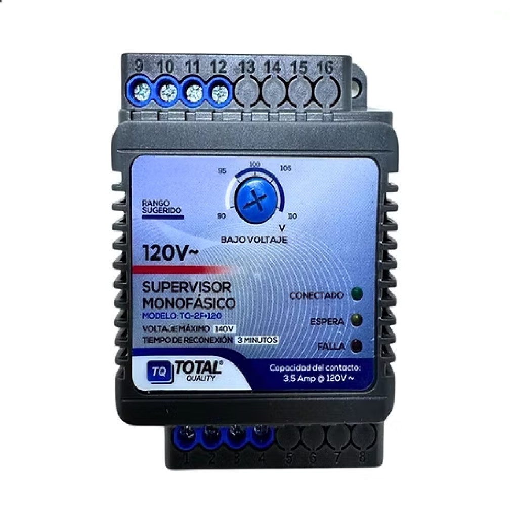 SUPERVISOR DE VOLTAJE P/ CARGAS Y MOTORES MONOFASICO 120 V REF. TQ-2F+120 MARCA TOTAL QUALITY