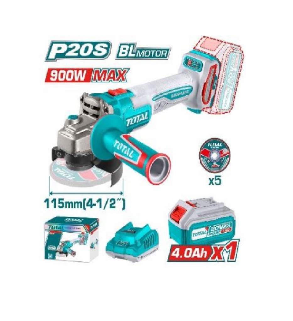 ESMERIL ANGULAR INALAMB 4 1/2" X5/8" 990W 20V 9000RPM C/ BAT-CARG REF UTAGLI261521 MARCA TOTAL TOOLS