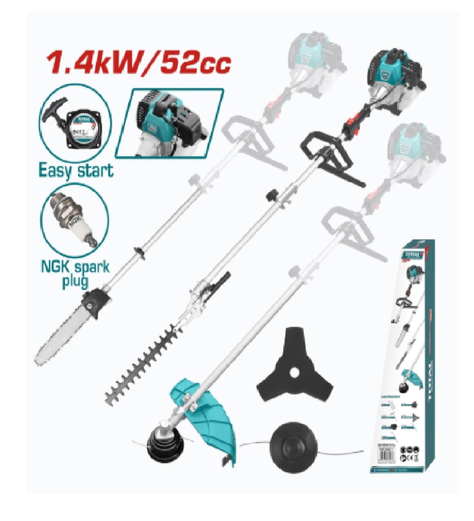DESMALEZADORA MULT. A GASO DE 52CC - 2.2HP 1.4KW 10000RPM 1200 ML (8 ACC) REF. TMT55211 TOTAL TOOLS