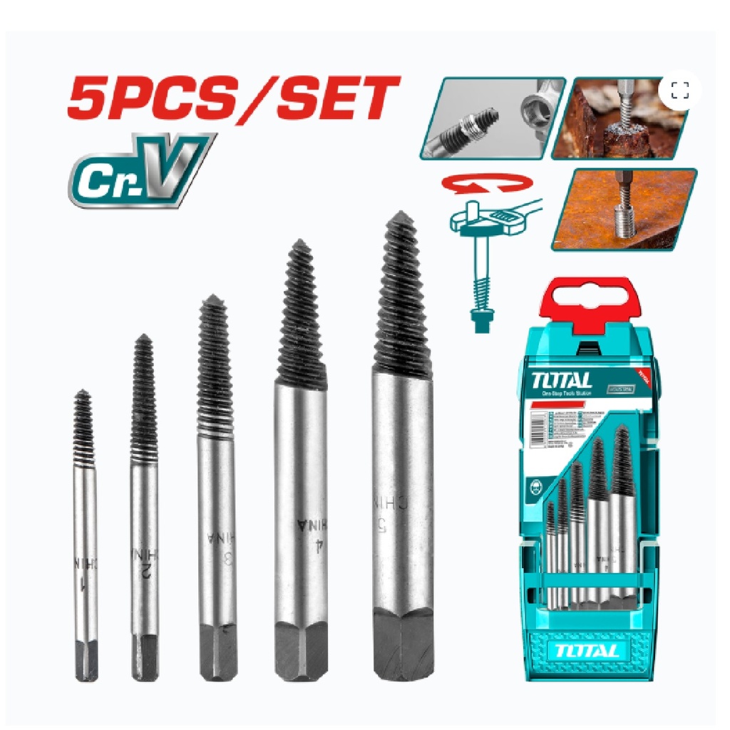 JUEGO DE EXTRACTOR DE TORNILLOS PERNOS CORTADOS 5 PZAS REF. TACSE0056 MARCA TOTAL TOOLS