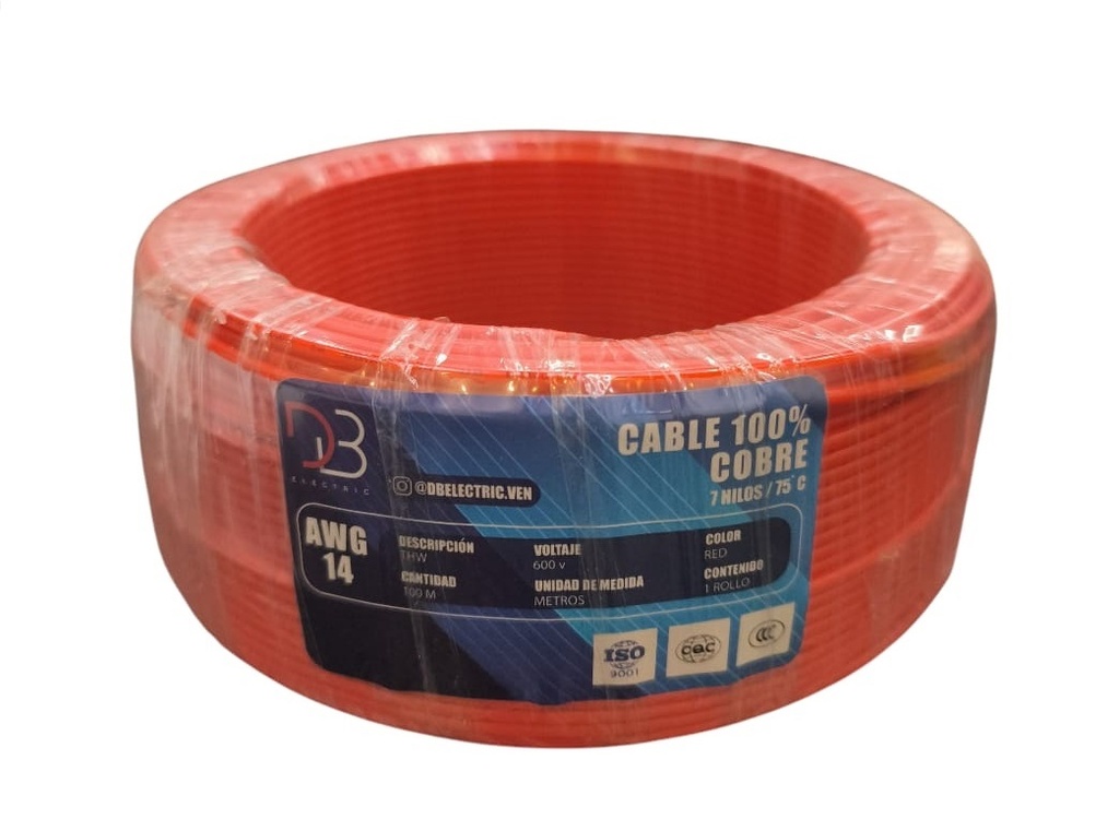 CABLE THW NRO. 14 AWG 75°C 600V / COLOR ROJO ROLLO 100 MTS MARCA DB ELECTRIC
