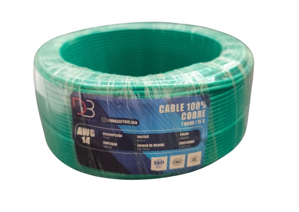 CABLE THW NRO. 14 AWG 75°C 600V / COLOR VERDE ROLLO 100 MTS MARCA DB ELECTRIC