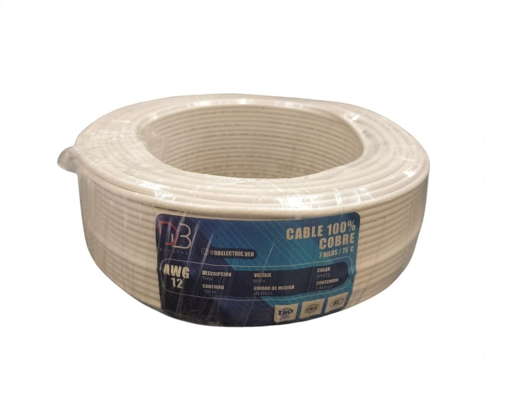 CABLE THW NRO. 10 AWG 75°C 600V / COLOR BLANCO ROLLO 100 MTS MARCA DB ELECTRIC