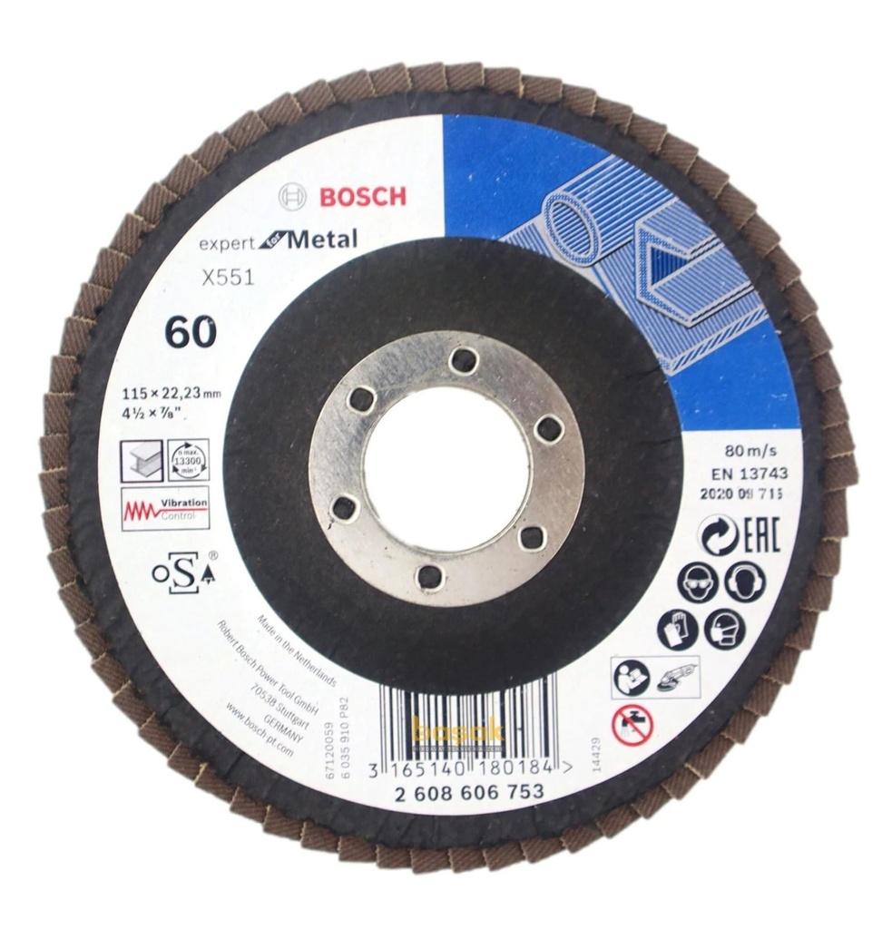 DISCO FLAP 4 1/2" X 22.23 MM GRANO 60 P/METAL EXPERT CURVO REF. 606753 / 879262 MARCA BOSCH