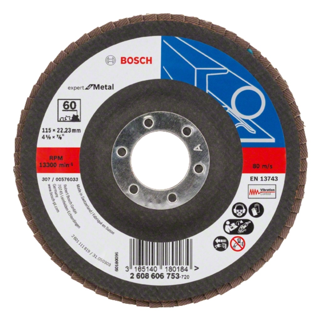 DISCO FLAP 4 1/2" X 22.23 MM GRANO 60 P/METAL EXPERT CURVO REF. 606753 / 879262 MARCA BOSCH