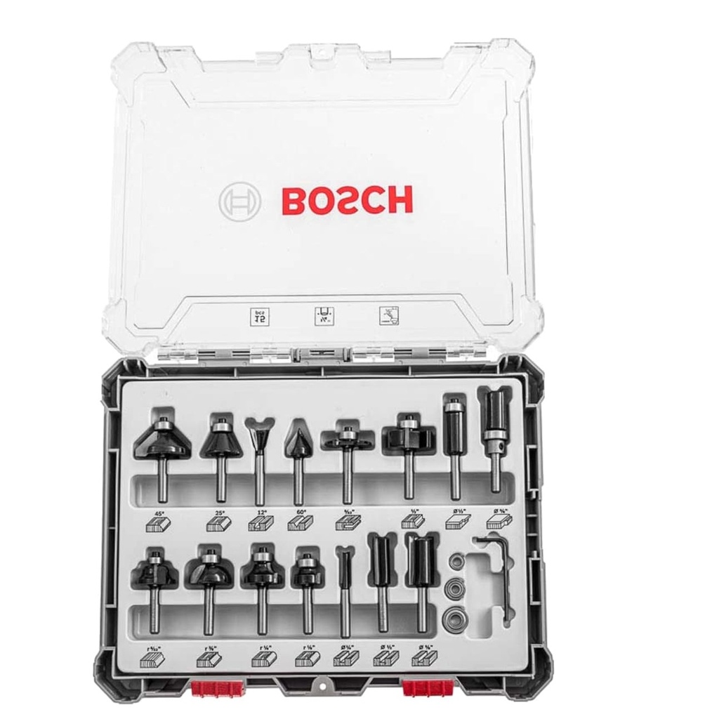 JUEGO DE FRESAS REC Y ACAB 1/4" PARA ROUTER / TROMPO 15 PZAS REF. 2607017473 COD. 880735 MARCA BOSCH