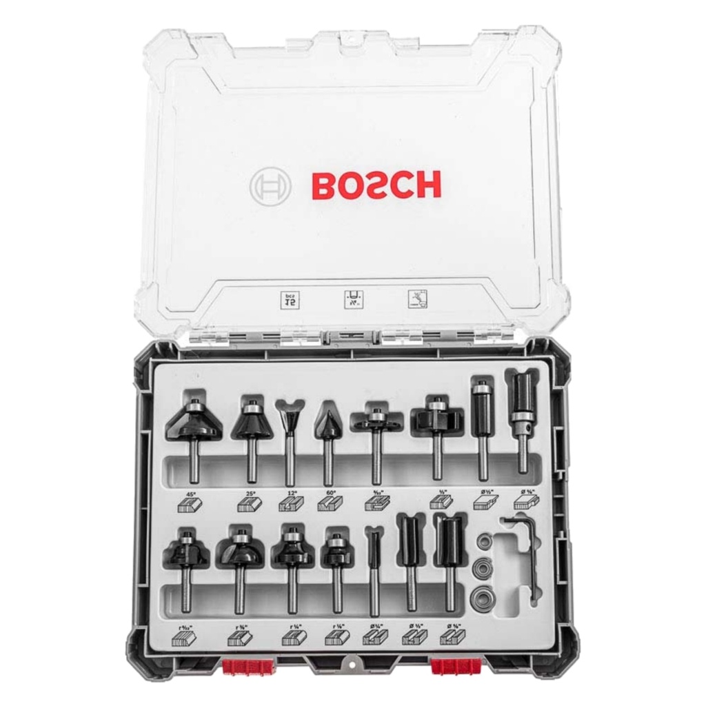 JUEGO DE FRESAS REC Y ACAB 1/4" PARA ROUTER / TROMPO 15 PZAS REF. 2607017473 COD. 880735 MARCA BOSCH