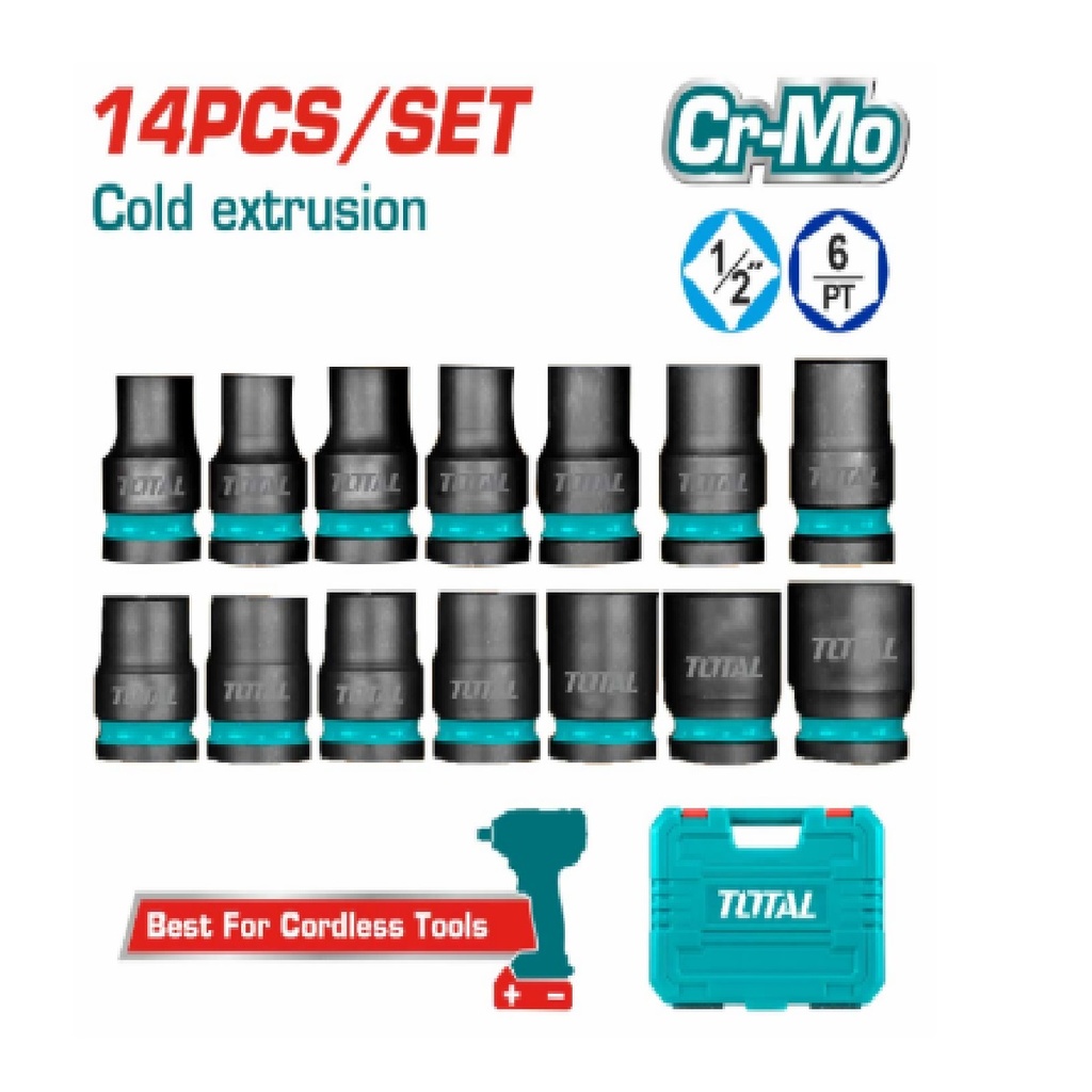 JUEGO DE DADOS 14 PZAS DE IMPACTO DE 1/2" ( 10 MM - 27 MM) C/ MALETIN REF. THISTD12141 TOTAL TOOLS