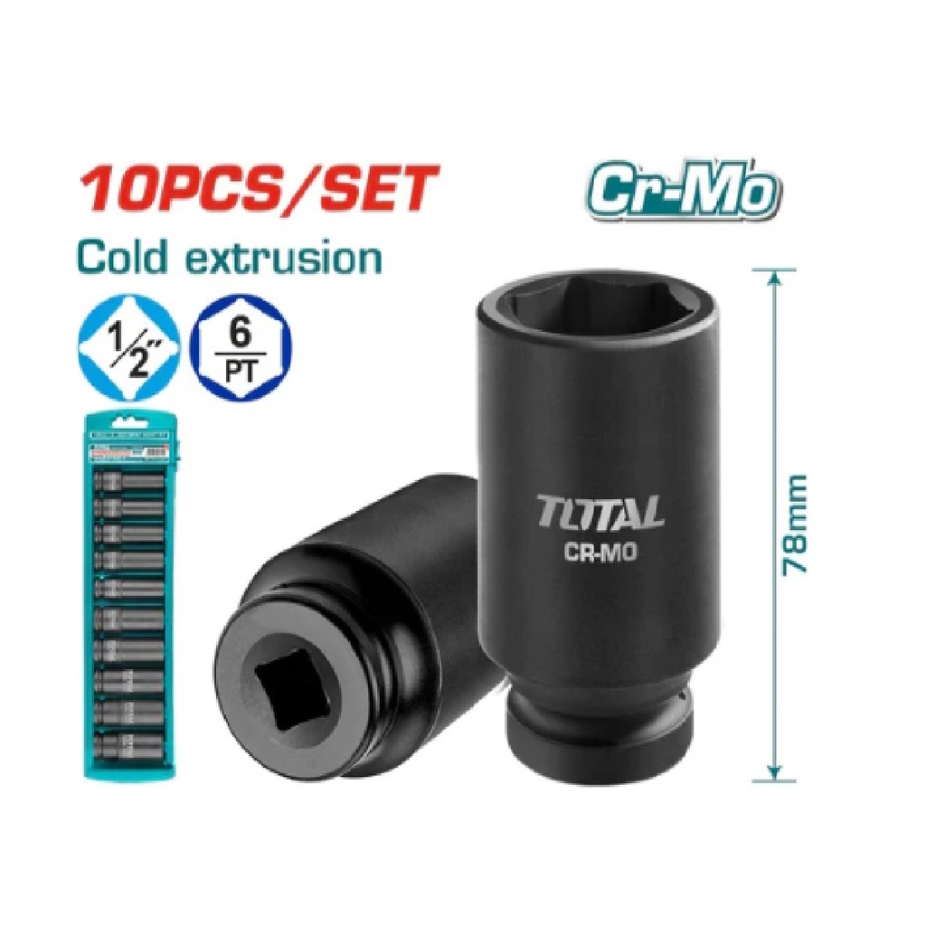 JUEGO DE DADOS 10 PZAS LARGOS DE IMPACTO DE 1/2" ( 10MM - 24MM) REF. THKISD12102L MARCA TOTAL TOOLS