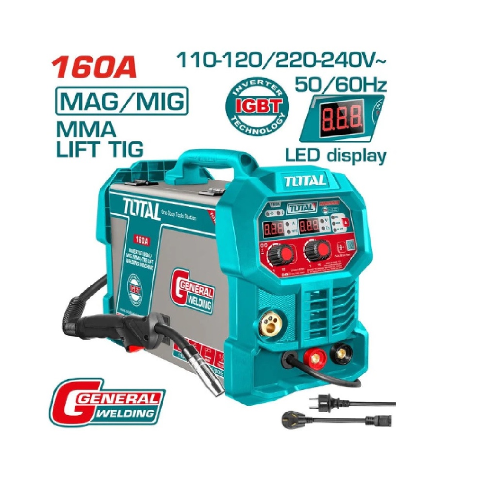 MAQUINA DE SOLDAR INVERTER DC 160 AMP EN 110 - 220V MONOF MMA/MIG/ TIG REF. UTMGT16058 TOTAL TOOLS