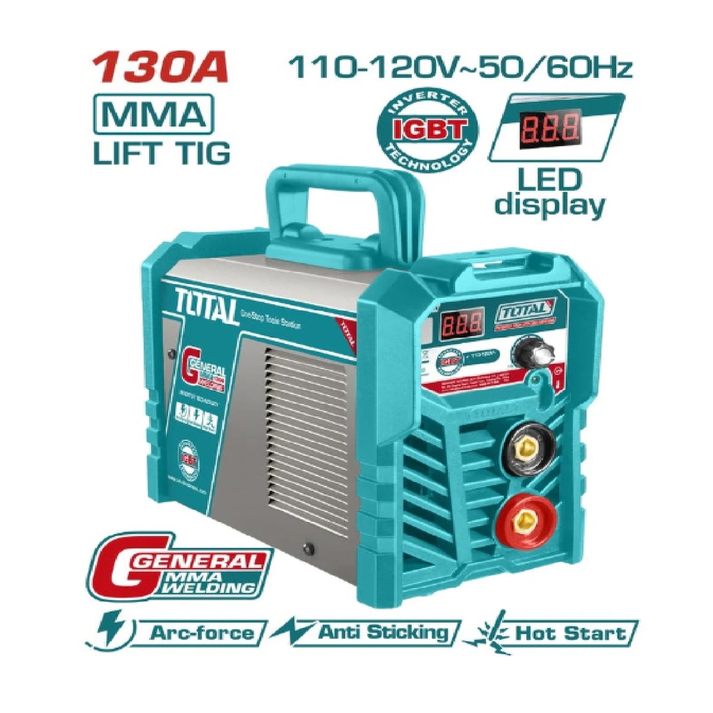 MAQUINA DE SOLDAR INVERTER DC 130 AMP EN 110 - 120 V MONOF. MMA / TIG REF. UTW213059 TOTAL TOOLS