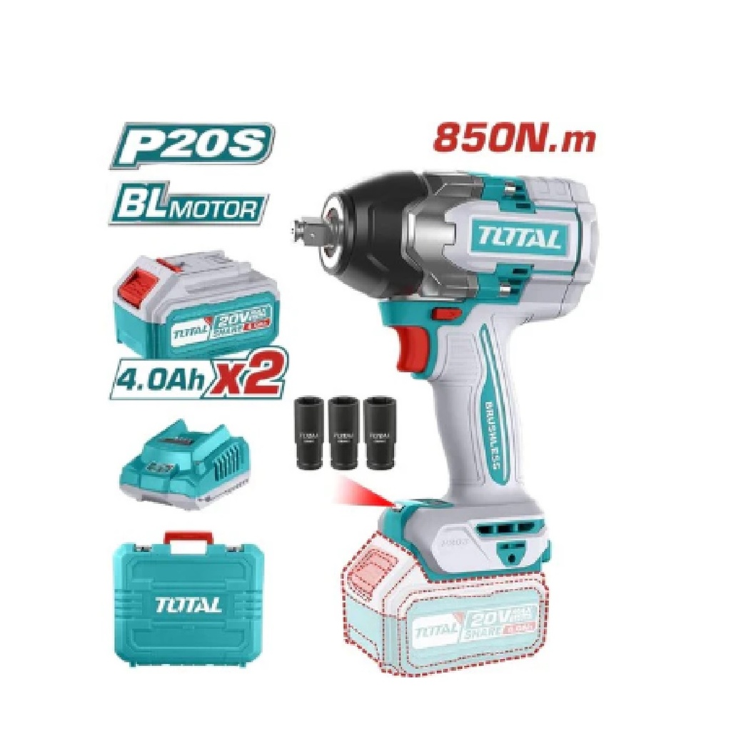 PISTOLA / LLAVE DE IMPACTO 1/2" 20V 2400 RPM 850Nm C/MALETA (1CAR+2BAT+3 DAD 22-24-27MM) REF. UTIWLI2085 TOTAL TOOLS