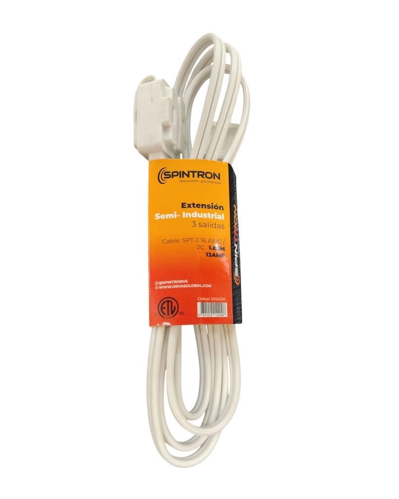 EXTENSION ELECTRICA 2 X 16 AWG 1.83 MTS 3 TOMAS 13 AMP COLOR BLANCO REF. 51E24200 MARCA SPINTRON