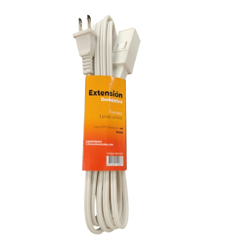 EXTENSION ELECTRICA 2 X 18 AWG 4,00 MTS 3 TOMAS 10 AMP COLOR BLANCO REF. 51E24203 MARCA SPINTRON