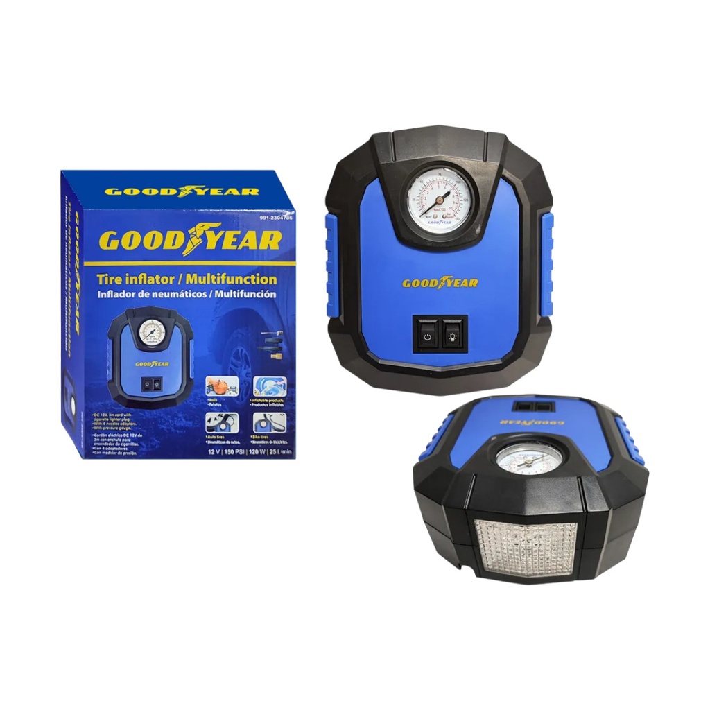 INFLADOR DE NEUMATICOS 12V 150PSI C/MANOM. MULTIF. C/LUZ LED REF. 991-2304786 / 047866 GOOD YEAR