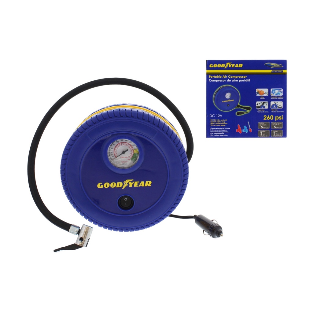 COMPRESOR DE AIRE P/CARROS PORTATIL 12 V 260 PSI C/MANOMET REF. 991-9013998 / 056788 MARCA GOOD YEAR