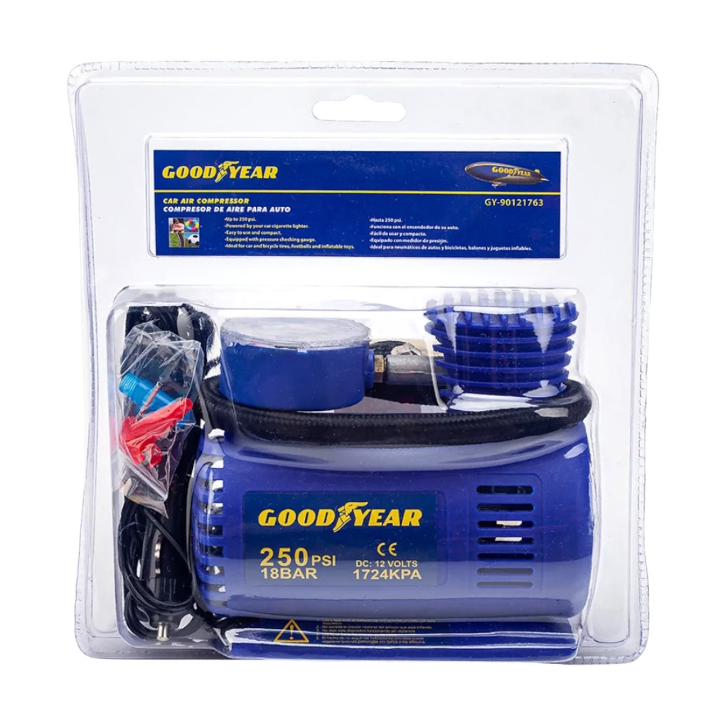 COMPRESOR DE AIRE PARA CARROS 12 V 250 PSI CON MANOMETRO REF. 991-90121763 / 721371 MARCA GOOD YEAR