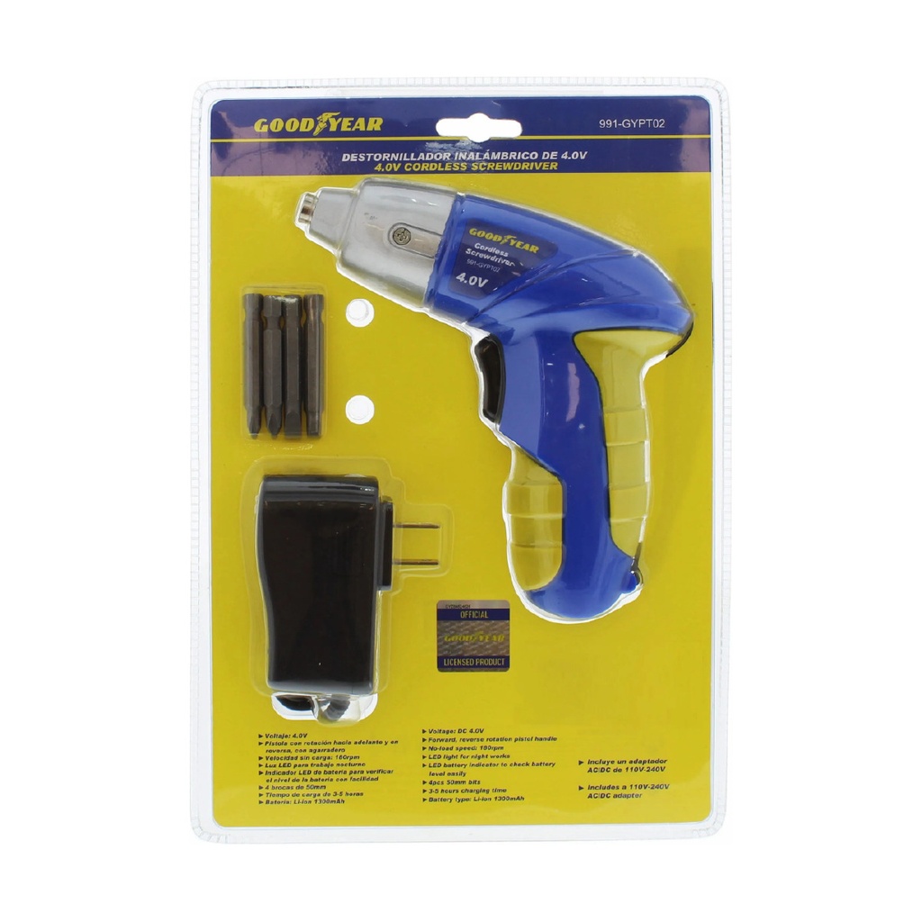 DESTORNILLADOR INALAMBRICO / LITIO 4 V C/ CARGAD + 4 PTAS REF. 991-GYPT02 / 391367 MARCA GOOD YEAR