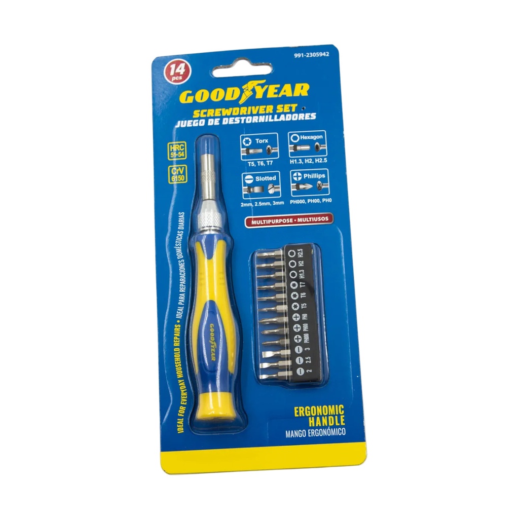 JUEGO DE DESTORNILLADOR 14 PZAS PALA/PHILL/TORX/HEX REF.991-2305942 / 059425 MARCA GOOD YEAR