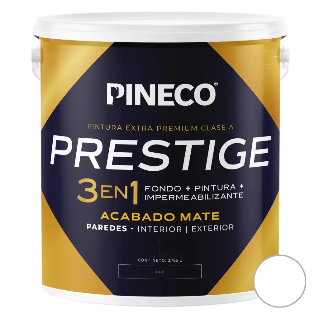 PINTURA DE CAUCHO MATE PRESTIGE 3 EN 1 CLASE AAA 01 GL COLOR BLANCO REF. 0102AAA1G MARCA PINECO