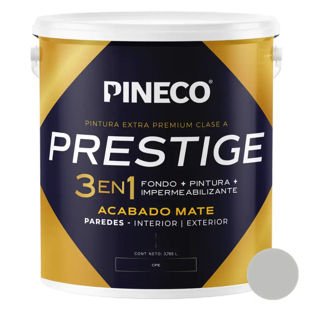 PINTURA DE CAUCHO MATE PRESTIGE 3 EN 1 CLASE AAA 01 GL COLOR GRIS CLARO REF. 13AAA1G MARCA PINECO
