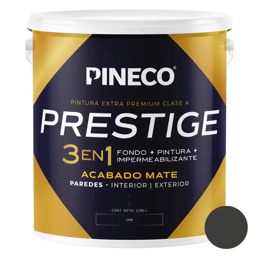 PINTURA DE CAUCHO MATE PRESTIGE 3 EN 1 CLASE AAA 01 GL COLOR GRIS OSCURO REF. 95AAA1G MARCA PINECO