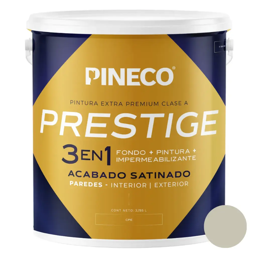 PINTURA DE CAUCHO SATINADO PRESTIGE 3 EN 1 CLASE AAA 01 GL COLOR GREIGE REF. 66AAA2G MARCA PINECO